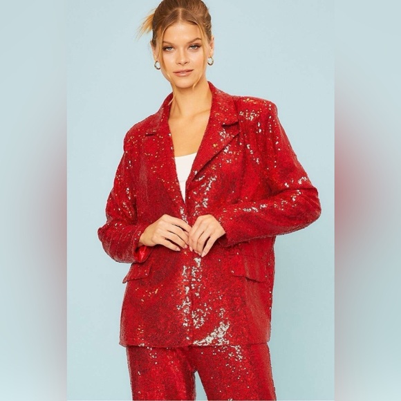 Notched Collar Neck Oversized Sequin Blazer Jacket - Main Strip